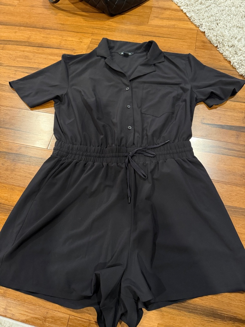 Athleta Black Short-Sleeve Shirt Romper with Elastic Waist